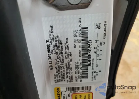 2017 Ford Fusion Se Hybrid z USA, uszkodzony, nr VIN 3FA6P0LU4HR359583